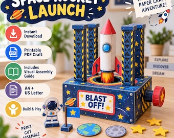 Puede incluir: Un set de manualidades de papel de lanzamiento de cohete espacial con un cohete central sobre una base azul, cuatro torres, una figura de astronauta, una bandera, un globo terráqueo, un disco lunar y estrellas. La base muestra el texto BLAST OFF.