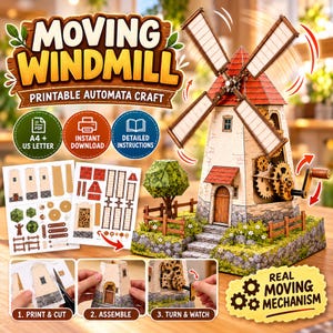 May include: A printable paper craft kit for a moving windmill with a red roof, stone base, and wooden gears. The set includes assembly sheets, a finished model with a hand crank, and text labels reading MOVING WINDMILL, PRINTABLE AUTOMATA CRAFT, and REAL MOVING MECHANISM.