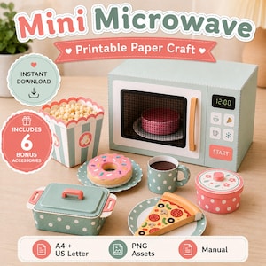 May include: A printable paper craft set featuring a light green toy microwave with a digital display, a popcorn bucket, a pink donut, a polka-dot mug, a covered casserole dish, a lidded container, and a slice of pizza with pepperoni and mushrooms.