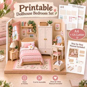 Könnte beinhalten: Ein druckbares Puppenhaus-Schlafzimmer-Set mit einem Bett mit rosa karierter Bettwäsche, einem Kleiderschrank, einem Schminktisch mit Spiegel, einem Nachttisch und einem Teppich. Enthält A4- und US-Letter-Bögen sowie eine Schritt-für-Schritt-Anleitung.