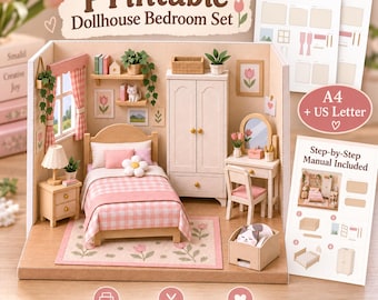 May include: A printable dollhouse bedroom set featuring a bed with pink gingham bedding, a wardrobe, a vanity with a mirror, a nightstand, and a rug. The set includes A4 and US Letter size sheets, a step-by-step manual, and decorative wall art.