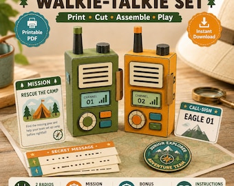 Puede incluir: Un set de walkie-talkies de papel imprimible que incluye dos radios en verde oliva y amarillo mostaza, una tarjeta de misión titulada Rescue The Camp, tarjetas de mensajes secretos con código Morse, una insignia Junior Explorer y una tarjeta de indicativo.
