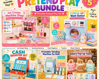 Puede incluir: Un paquete digital de cinco sets de juego de simulación imprimibles que incluye una heladería, lavandería, caja registradora, máquina expendedora y tostadora de animales. Cada set contiene piezas de papel para armar y accesorios de juego.