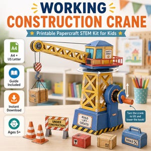 Printable Construction Crane for Kids | Working 3D Papercraft STEM Kit | Crank & Pulley Paper Toy | Engineering Activity | Digital PDF