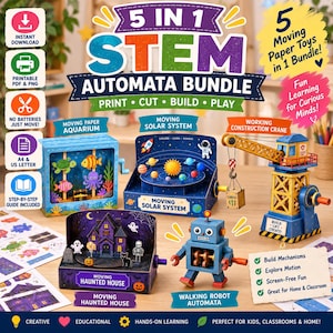 May include: A 5-in-1 STEM automata bundle featuring printable paper toys including a moving aquarium, solar system, construction crane, haunted house, and walking robot. The set includes step-by-step guides for A4 and US letter paper formats.