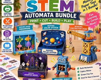 Puede incluir: Un paquete de 5 autómatas STEM de papel para imprimir, que incluye un acuario móvil, sistema solar, grúa de construcción, casa embrujada y robot caminante. El conjunto incluye guías paso a paso para formatos de papel A4 y US letter.