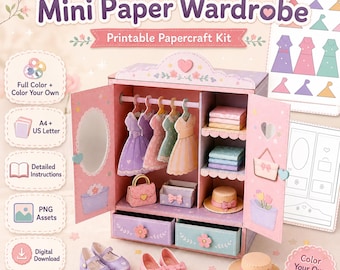 Puede incluir: Un kit de manualidades en papel imprimible titulado Mini Paper Wardrobe de CraftCubStudio. El conjunto incluye un armario de papel en miniatura con dos puertas, una barra con vestidos de papel, estantes con ropa doblada y dos cajones. Los accesorios incluyen zapatos, un sombrero y un bolso de papel. El diseño presenta colores pastel, detalles florales y motivos de corazones.