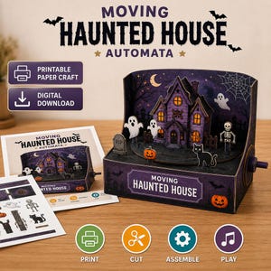 May include: A printable paper craft kit for a Moving Haunted House Automata. The set includes printed sheets with cutouts of a purple house, ghosts, a skeleton, a black cat, and pumpkins, plus a fully assembled model with a manual crank mechanism.