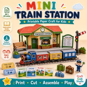 Puede incluir: Un set de manualidades en papel titulado Mini Train Station que incluye una estación con techo rojo, un tren colorido con pasajeros, una señal ferroviaria, equipaje y letreros de destino para Greenfield, Lakeside, Hilltown y Sunnyvale.