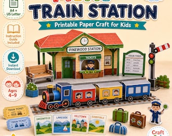Puede incluir: Un set de manualidades en papel titulado Mini Train Station que incluye una estación con techo rojo, un tren colorido con pasajeros, una señal ferroviaria, equipaje y letreros de destino para Greenfield, Lakeside, Hilltown y Sunnyvale.