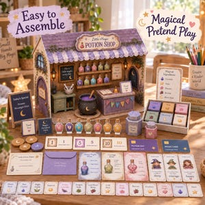 May include: A cardboard Little Magic Potion Shop playset featuring a storefront with shelves of colorful potion bottles, a cauldron, and a counter. Includes various ingredient cards, potion recipe cards, play money, and signs with text like Magical Ingredients and Easy to Assemble.