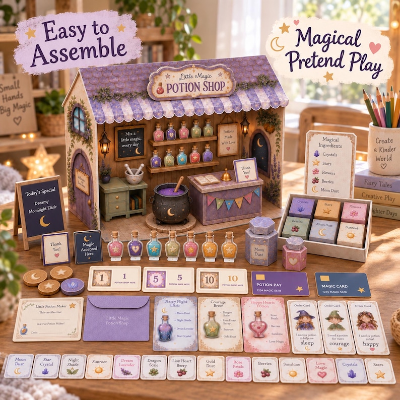 May include: A cardboard Little Magic Potion Shop playset featuring a storefront with shelves of colorful potion bottles, a cauldron, and a counter. Includes various ingredient cards, potion recipe cards, play money, and signs with text like Magical Ingredients and Easy to Assemble.