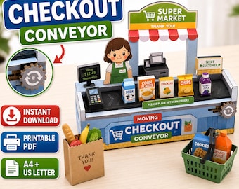 Puede incluir: Un set de juguetes de papel que incluye una caja de supermercado con cinta transportadora móvil, una figura de cajero, artículos de supermercado en miniatura como leche, cereales, galletas, patatas fritas y zumo, una bolsa de papel y una cesta.