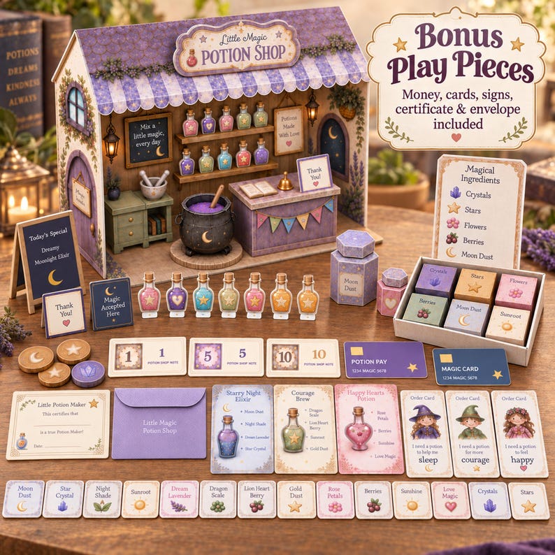 May include: A cardboard Little Magic Potion Shop playset featuring a storefront with shelves of potion bottles, a cauldron, and a counter. Includes paper money, ingredient cards, signs, a certificate, an envelope, and small potion bottle cutouts.