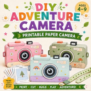 Puede incluir: Un kit de manualidades de papel DIY adventure camera que incluye tres cámaras de papel en rosa, verde y azul claro con gráficos coloridos. El conjunto incluye una pila de tarjetas de aventura y una correa verde estampada, con el texto DIY ADVENTURE CAMERA.