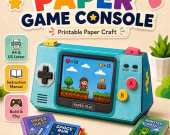 Puede incluir: Una consola de juegos de papel azul claro con una pantalla que muestra un personaje pixelado, un mando direccional y botones A, B, L y R. Incluye cajas de juegos Paper Quest, Space Run y Monster Dash con el texto Cut, Fold, Glue, Play.