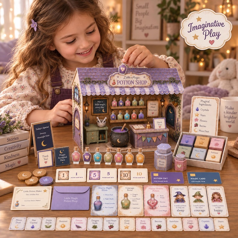 May include: A miniature potion shop playset featuring a purple roof, shelves with colorful potion bottles, a black cauldron, and various game cards labeled with magical ingredients like crystals, stars, and flowers, plus potion shop coins.