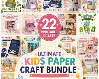 Puede incluir: Una colección de 22 kits de manualidades en papel imprimibles para niños, que incluye diversos proyectos como una mochila de aventura, sistema solar, casillero escolar, máquina de karaoke, armario, joyero, bolera y máquina expendedora.