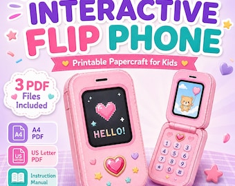 Puede incluir: Un kit de teléfono plegable interactivo de papel para imprimir, con colores rosas, motivos de corazones y una pantalla digital. El set incluye 3 archivos PDF en tamaños A4 y US Letter, con un manual de instrucciones para imprimir y montar.