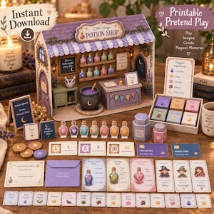 May include: A printable pretend play set featuring a miniature potion shop structure, potion bottles, ingredient boxes, potion recipe cards, and currency tokens. The set includes a shop counter, a cauldron, and various illustrated cards with text.
