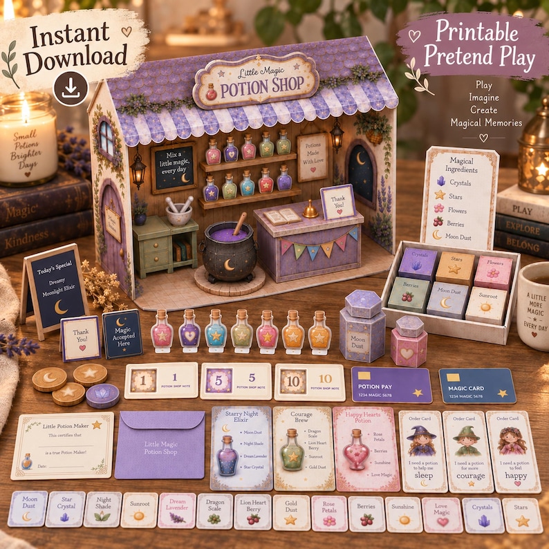 May include: A printable pretend play set featuring a miniature potion shop structure, potion bottles, ingredient boxes, potion recipe cards, and currency tokens. The set includes a shop counter, a cauldron, and various illustrated cards with text.
