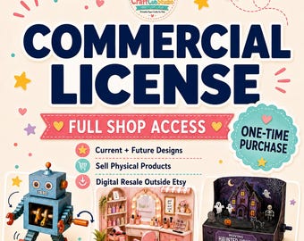 Puede incluir: Un gráfico de licencia comercial para CraftCubStudio con el texto COMMERCIAL LICENSE y FULL SHOP ACCESS. Muestra un robot de papel azul, un set de salón de belleza en miniatura y una casa embrujada de papel con fantasmas y una calabaza.