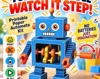 Puede incluir: Un kit de autómata robot de papel azul con detalles en naranja, que cuenta con un mecanismo de manivela. El texto incluye TURN THE HANDLE WATCH IT STEP!, Printable Paper Automata Kit, NO BATTERIES JUST IMAGINATION!, e iconos de PRINT, CUT, GLUE, PLAY.