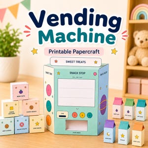 Puede incluir: Una máquina expendedora de papel imprimible en azul claro, con el texto "SNACK STOP" y "SWEET TREATS". Incluye pequeños cubos de papel etiquetados como snacks como "BERRY BITES" y "COOKIE CRUNCH", además de cartones de bebida en miniatura.