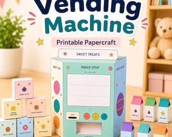Puede incluir: Una máquina expendedora de papel imprimible en azul claro, con el texto "SNACK STOP" y "SWEET TREATS". Incluye pequeños cubos de papel etiquetados como snacks como "BERRY BITES" y "COOKIE CRUNCH", además de cartones de bebida en miniatura.