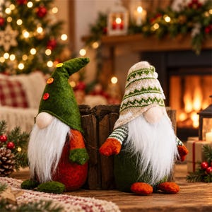 May include: Two plush gnome figurines with long white beards. The left gnome wears a green felt hat with three colorful buttons and a red body. The right gnome wears a patterned beige and green knit hat with a green body and orange feet.