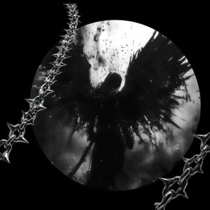 Puede incluir: Un gráfico circular en blanco y negro que muestra una figura silueteada con grandes alas oscuras y plumosas sobre un fondo brillante y nublado. La imagen circular está enmarcada por dos cadenas de metal plateado con puntas afiladas.