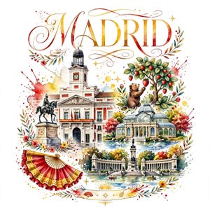 Puede incluir: Una ilustración en acuarela con la palabra MADRID en letra elegante, que muestra la Real Casa de Correos, un oso alcanzando fresas, el Palacio de Cristal, un monumento, un estanque con cisnes y un abanico rojo y dorado.