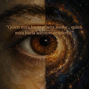 Puede incluir: Una pintura al óleo que muestra un ojo humano con una composición dividida. El lado izquierdo presenta un tono de piel texturizado, mientras que el derecho se transforma en una galaxia de estrellas azul oscuro, doradas y blancas. El texto dice: Quien mira hacia afuera sueña… quien mira hacia adentro despierta.