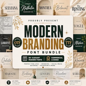 Pode incluir: Um pacote de fontes digitais exibindo o texto PROUDLY PRESENT MODERN BRANDING FONT BUNDLE com mais de 65 fontes modernas elegantes, licença comercial e emblemas de formato de arquivo OTF e TTF, cercado por visualizações de estilos.