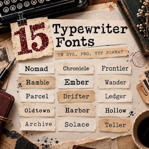 May include: A digital graphic displaying 15 Typewriter Fonts in SVG, PNG, and TTF format. The list includes the names Nomad, Chronicle, Frontier, Ramble, Ember, Wander, Parcel, Drifter, Ledger, Oldtown, Harbor, Hollow, Archive, Solace, and Teller.