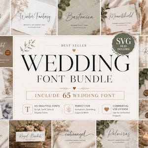 Puede incluir: Una pantalla gráfica digital que muestra un paquete de fuentes de boda con el texto BEST SELLER, WEDDING FONT BUNDLE, INCLUDE 65 WEDDING FONT y SVG FILES INCLUDED. El diseño presenta varias muestras de fuentes como Palmiras, Winter Fantasy y Bastonica.