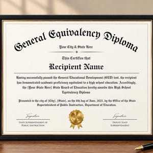 以下が含まれることがあります： 黒いフレームに収められたGeneral Equivalency Diplomaの認定証。クリーム色の紙に黒い文字が印刷され、下部中央には金色のシールが貼られている。名前、都市、州、日付を記入するためのプレースホルダーが含まれており、フレームには金色の縁取りが施されている。