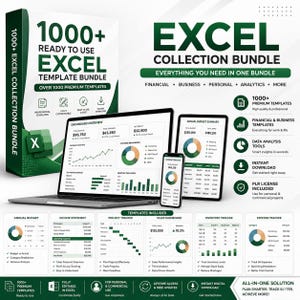 May include: A digital product bundle featuring a box labelled 1000+ Ready to Use Excel Template Bundle, a laptop, a tablet, and a smartphone displaying financial dashboards, charts, and expense trackers with green and white branding.