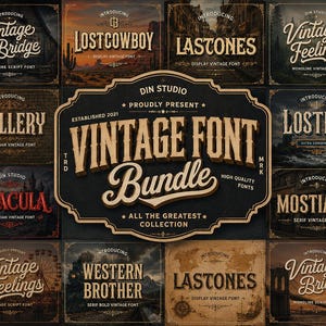 Könnte beinhalten: Eine digitale Anzeige, die eine Sammlung von Schriftarten im Vintage-Stil mit dem Titel Vintage Font Bundle von Din Studio präsentiert. Das zentrale Emblem zeigt den Text Vintage Font Bundle, umgeben von zwölf kleineren Feldern mit verschiedenen Schriftnamen.