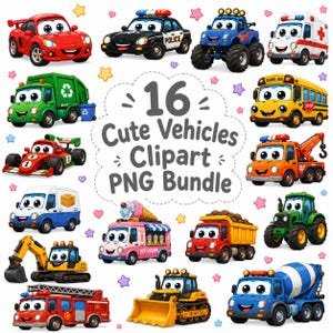 Pode incluir: Uma coleção digital de 16 veículos de desenho animado, incluindo um carro esportivo vermelho, carro de polícia, caminhão monstro, ambulância, caminhão de lixo, ônibus escolar, carro de corrida, guincho, van, caminhão de sorvete, caminhão basculante, trator, escavadeira, caminhão de bombeiros, trator de esteira e betoneira.