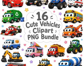 16 Cute Vehicles Clipart PNG Bundle, Kids Transportation Clipart, Cartoon Cars Trucks Bus Ambulance Fire Truck, Vehicle PNG