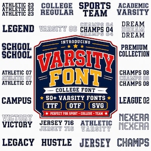 Puede incluir: Una pantalla gráfica digital que muestra una colección de fuentes de estilo universitario. El emblema central presenta el texto INTRODUCING VARSITY FONT COLLEGE FONT 50+ VARSITY FONTS TTF OTF SVG. Alrededor hay varias muestras de fuentes como ATHLETIC.