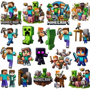 May include: A collection of Minecraft character stickers featuring Steve, Alex, Creepers, Endermen, and various animals. The set includes multiple action poses, blocky figures, and the Minecraft logo, all rendered in the game's signature pixelated art style.