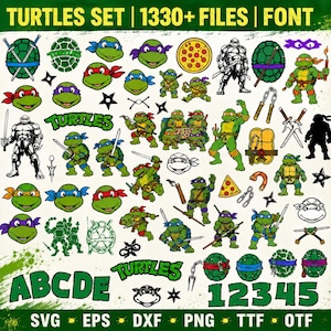 Peut inclure: Une collection numérique de graphismes Tortues Ninja comprenant diverses poses de personnages, masques, armes, parts de pizza et le texte TURTLES SET 1330+ FILES FONT. Inclut les étiquettes de format de fichier SVG, EPS, DXF, PNG, TTF et OTF.