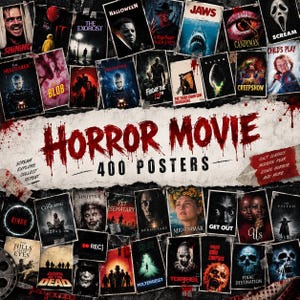 Könnte beinhalten: Eine Sammlung von Horrorfilmplakaten mit ikonischen Titeln wie The Shining, Jaws und Scream. Der zentrale Text lautet Horror Movie 400 Posters in blutroter Schrift. Die Collage enthält verschiedene düstere, filmische Bilder.