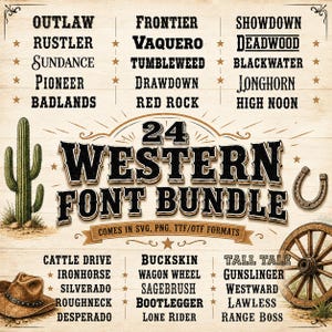 Puede incluir: Una pantalla gráfica digital con el texto 24 WESTERN FONT BUNDLE COMES IN SVG, PNG, TTF/OTF FORMATS. La imagen incluye una lista de veinticuatro nombres de fuentes, un cactus verde, un sombrero de vaquero marrón, una herradura y una rueda de carro.