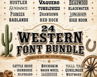 Bundel met 24 westerse lettertypen - OTF, TTF, SVG | Rustieke rodeo vintage typografie | Wild West display lettertypepakket | Cowboy retro lettertypen | - Cricut