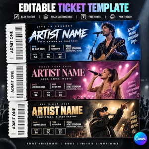 Puede incluir: Tres plantillas de entradas de concierto editables con un diseño azul con un guitarrista, un diseño rosa con una cantante y un diseño oscuro con un artista. Cada entrada incluye espacios para el nombre del artista, fecha, hora y lugar.