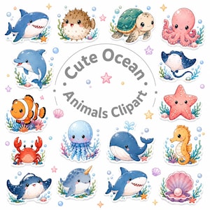 Pode incluir: Uma coleção de adesivos de animais marinhos em desenho animado com um tubarão, baiacu, tartaruga, polvo, golfinho, arraia, peixe-palhaço, estrela-do-mar, caranguejo, água-viva, baleia, cavalo-marinho, raia manta, narval e uma concha com pérola, com o texto Cute Ocean Animals Clipart.