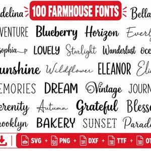 May include: A digital collection of 100 farmhouse fonts displayed in black text on a white background. The image features various script and serif typefaces including words like Adelina, Adventure, Blueberry, and Sunshine. Includes SVG, PNG, DXF, TTF, and OTF file formats.